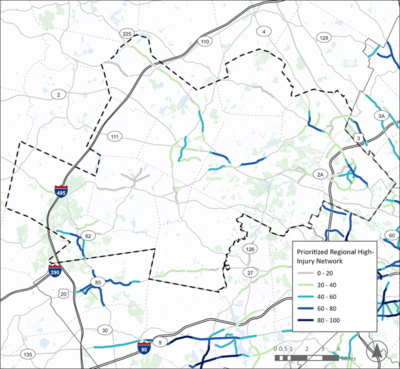 A map of the Minuteman Advisory Group on Interlocal Coordination (MAGIC) Subregion, consisting of communities stretching to the northwest from Lexington to Acton. A Prioritized Regional High Injury Network, consisting of highlighted highest-scoring roadway segments, is overlayed on the map. This area has high-scoring segments in Marlborough, Hudson, Framingham, and around Concord, Lexington, and Acton. 